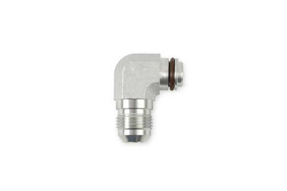 Earl's Remote Reservoir Adapter Kit for Saginaw Type II Power Steering Pumps Includes -10 AN Reservoir Fitting, Flow Valve, Retaining Bracket, -6 AN Banjo Pressure Fitting, and Banjo Bolt with Crush Washers Front View Silver