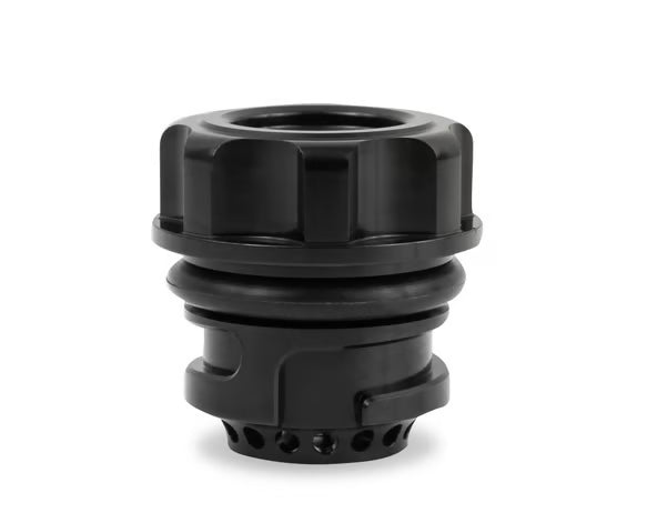 Oil Fill Cap w/ Baffle & -10 ORB Port - Fits Factory Valve Covers - GM LS Series, GM Gen-V LT, and 2011-2017 Ford Coyote Engines (Gen 1 and Gen 2). Front View Black