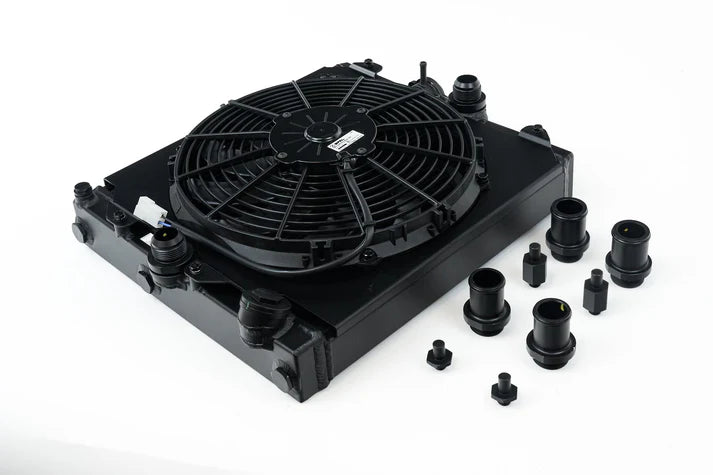 Universal Half Radiator - Evo 7/8/9 / 92-00 Civic - w/ SPAL Fan & Shroud - Black