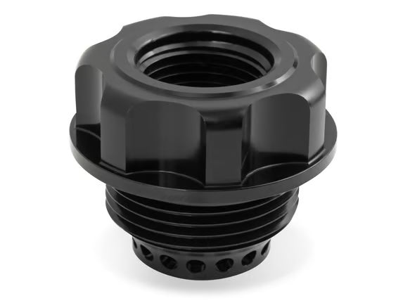 Oil Fill Cap w/ Baffle & -10 ORB Port - Fits Holley Cast Aluminum Valve Covers for the GM LS Series Engines w/ 1-5/16"-12 Threads on the Cap. Front View Black