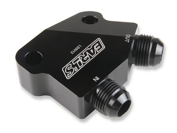 Earls LS Side Mount Oil Cooler Adapter, 10 AN Male, (2) 1/8" NPT Ports Front View Black