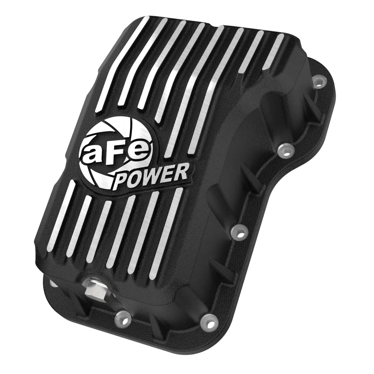 aFe POWER Pro Series Engine Oil Pan Black w/ Machined Fins Front View