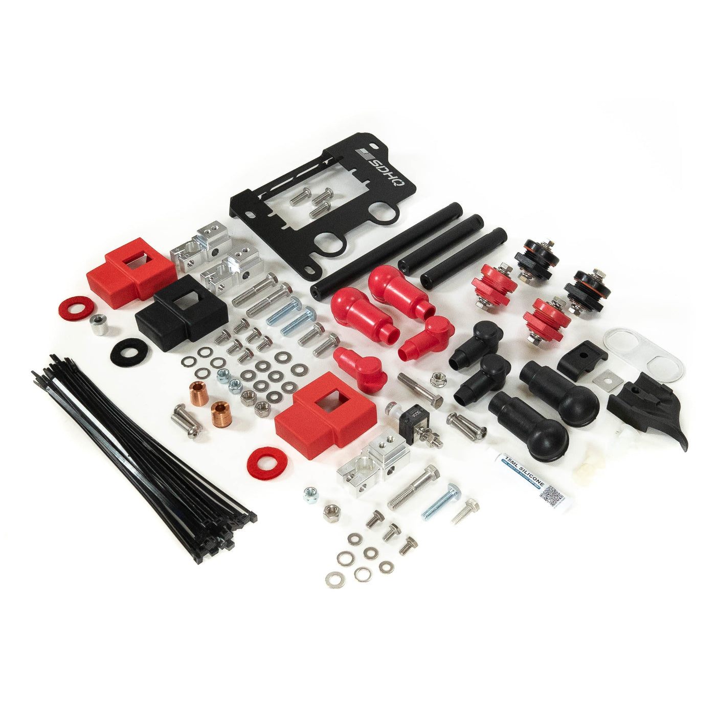 '25+ 4Runner SDHQ Built Under Hood Power Solution Kit display of included parts and hardware 