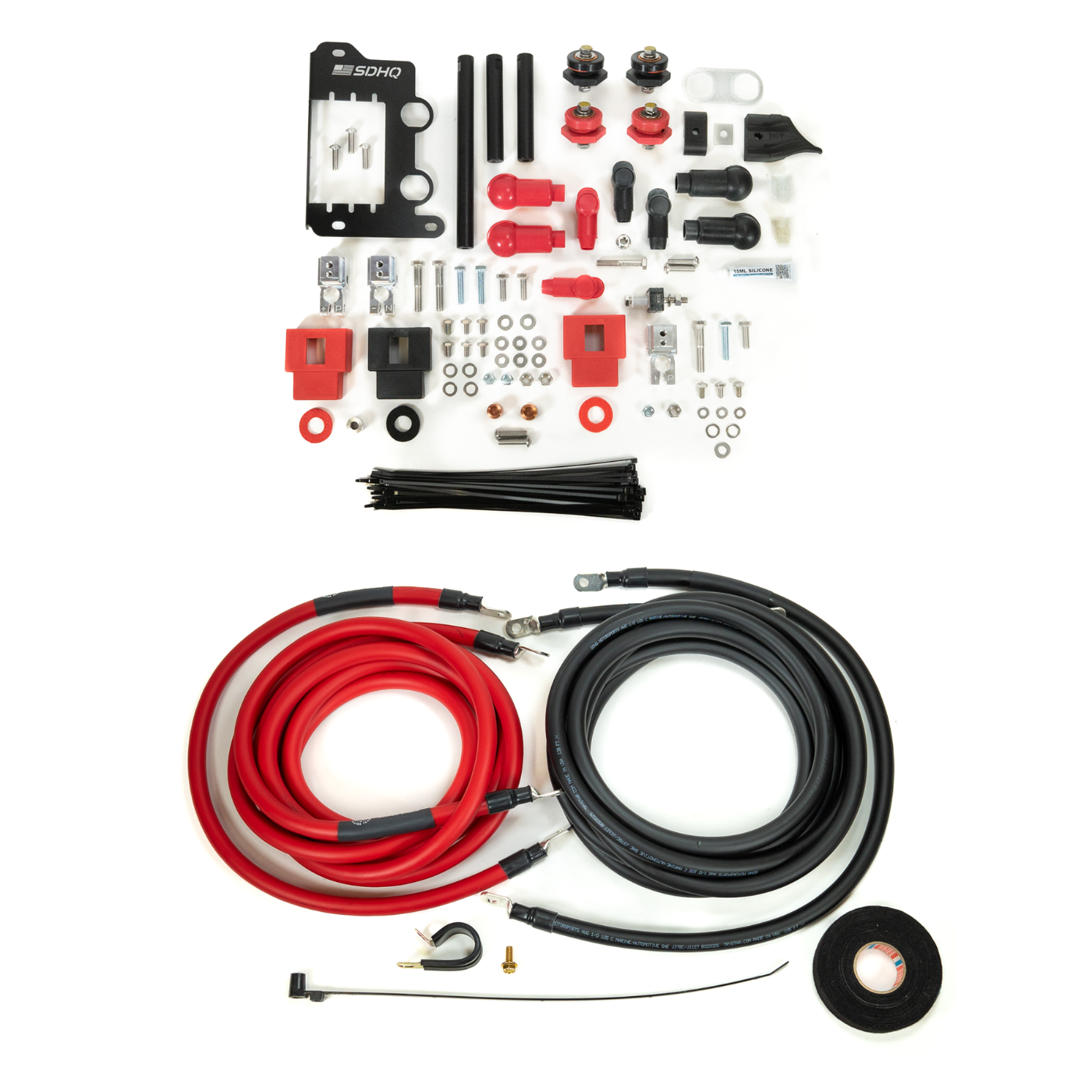 '25+ 4Runner SDHQ Built Under Hood Power Solution Kit display of included parts and hardware 