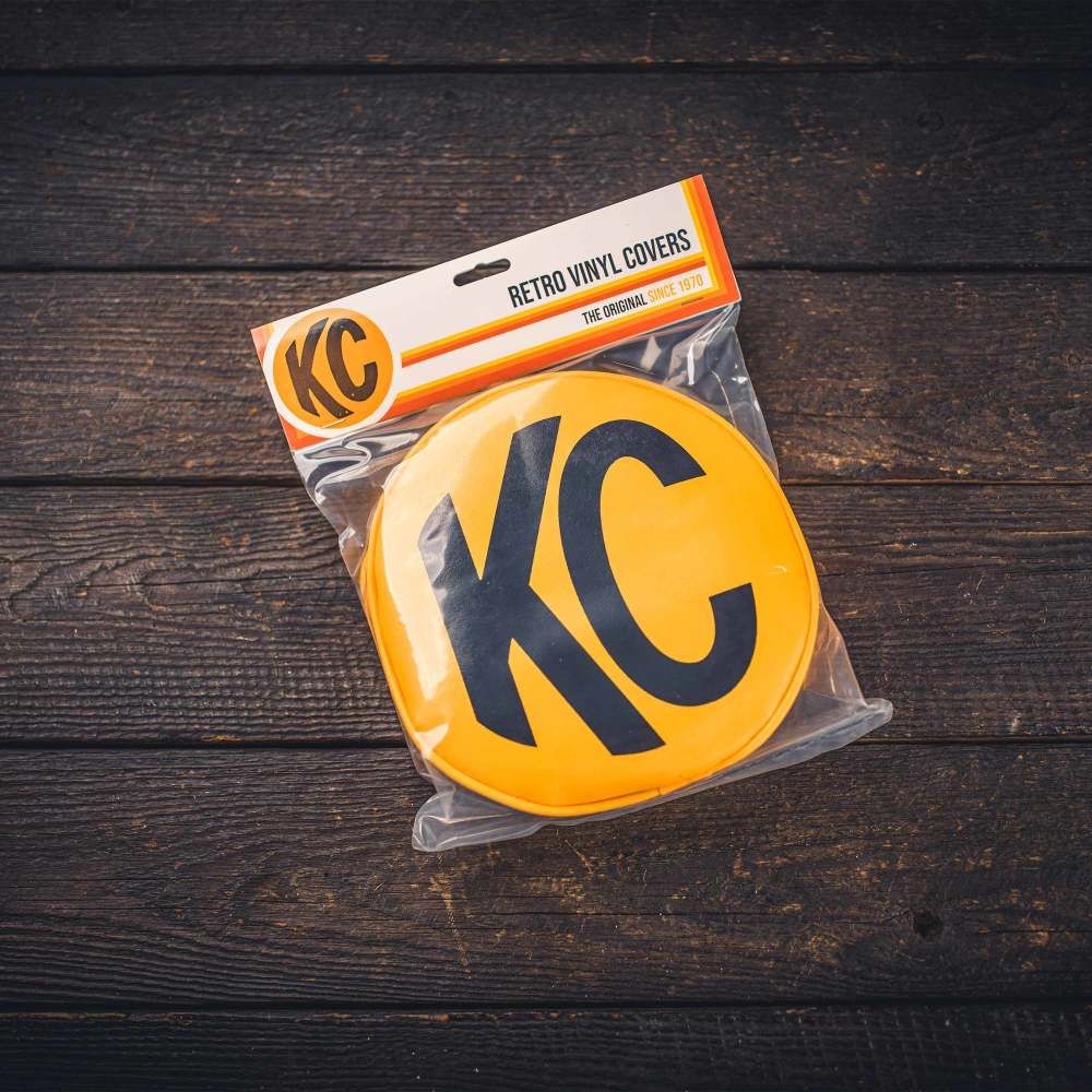 KC HiLites Cover; Retro 8" Vinyl Yellow w/ Black KC Soft (pr)