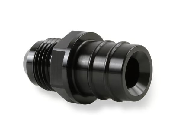 Earl's GM LS PCV Fitting -8 AN Male Black Anodized Finish - Fits Many GM OE Valve Covers w/ 3/4" ID on Grommet Front View Black
