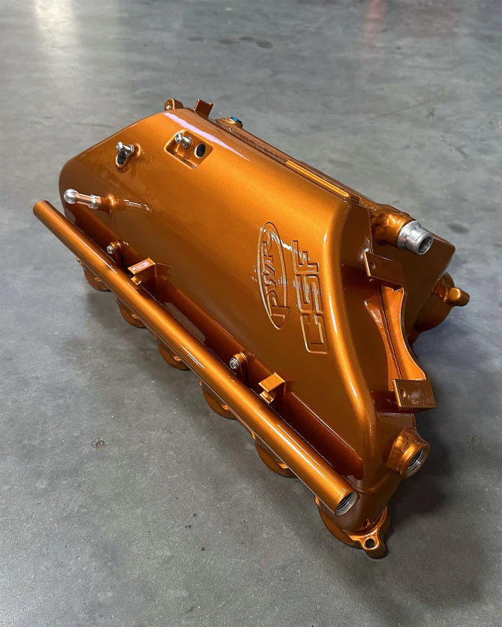 BMW S58 "Level-Up" Charge Air Cooler Manifold Front View Orange