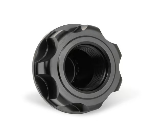 Oil Fill Cap w/ Baffle & -10 ORB Port - Fits Holley Cast Aluminum Valve Covers for the GM LS Series Engines w/ 1-5/16"-12 Threads on the Cap. Front View Black