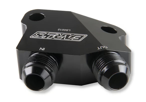 Earls LS Side Mount Oil Cooler Adapter, 10 AN Male, (2) 1/8" NPT Ports Front View Black