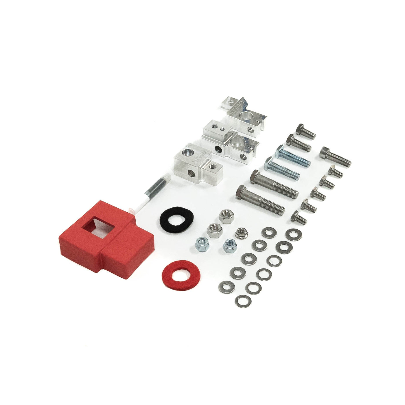 '21-25 Ford Bronco/Bronco Raptor SDHQ Built Billet Battery Terminal Kit display of included parts and hardware 