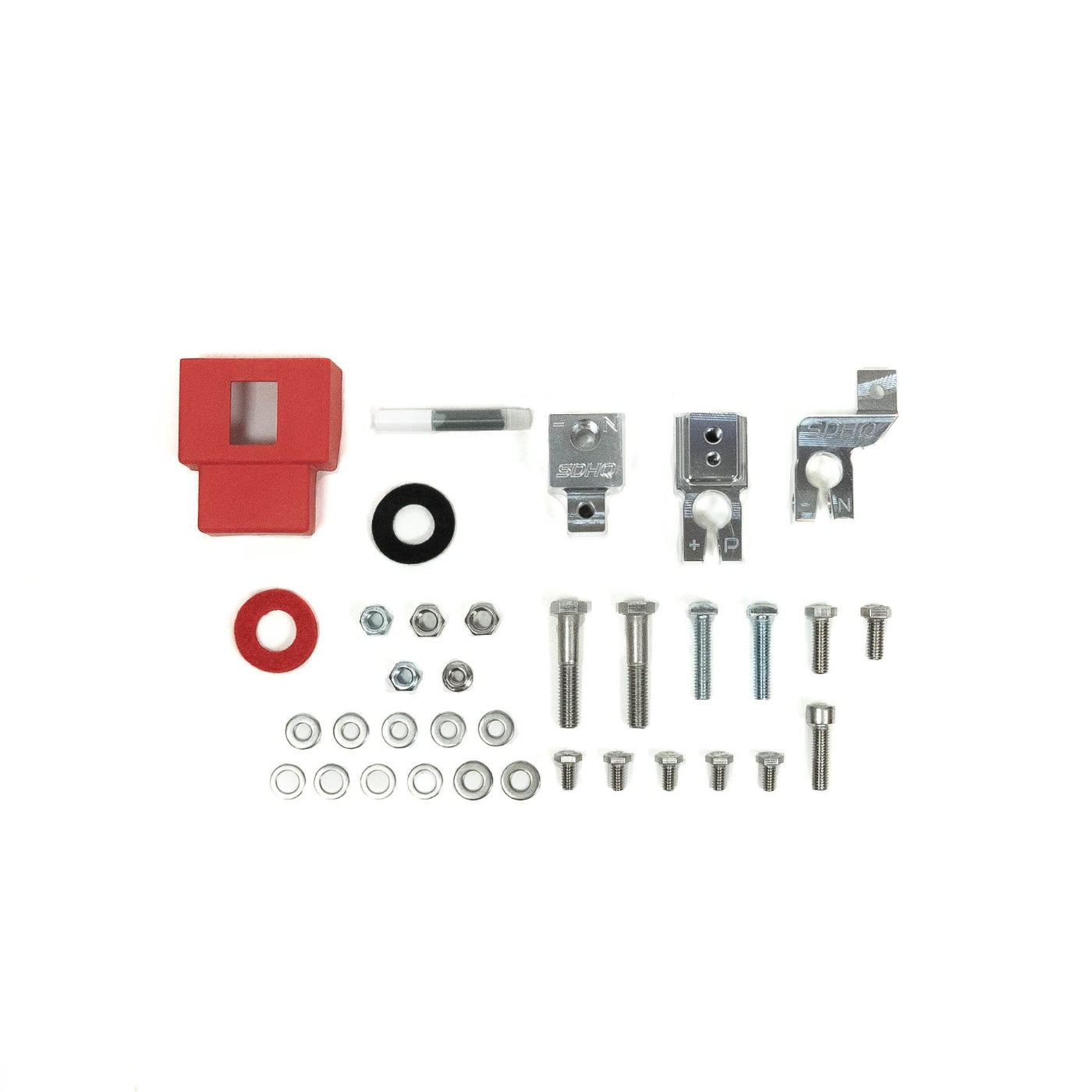 '21-25 Ford Bronco/Bronco Raptor SDHQ Built Billet Battery Terminal Kit display of included parts and hardware 