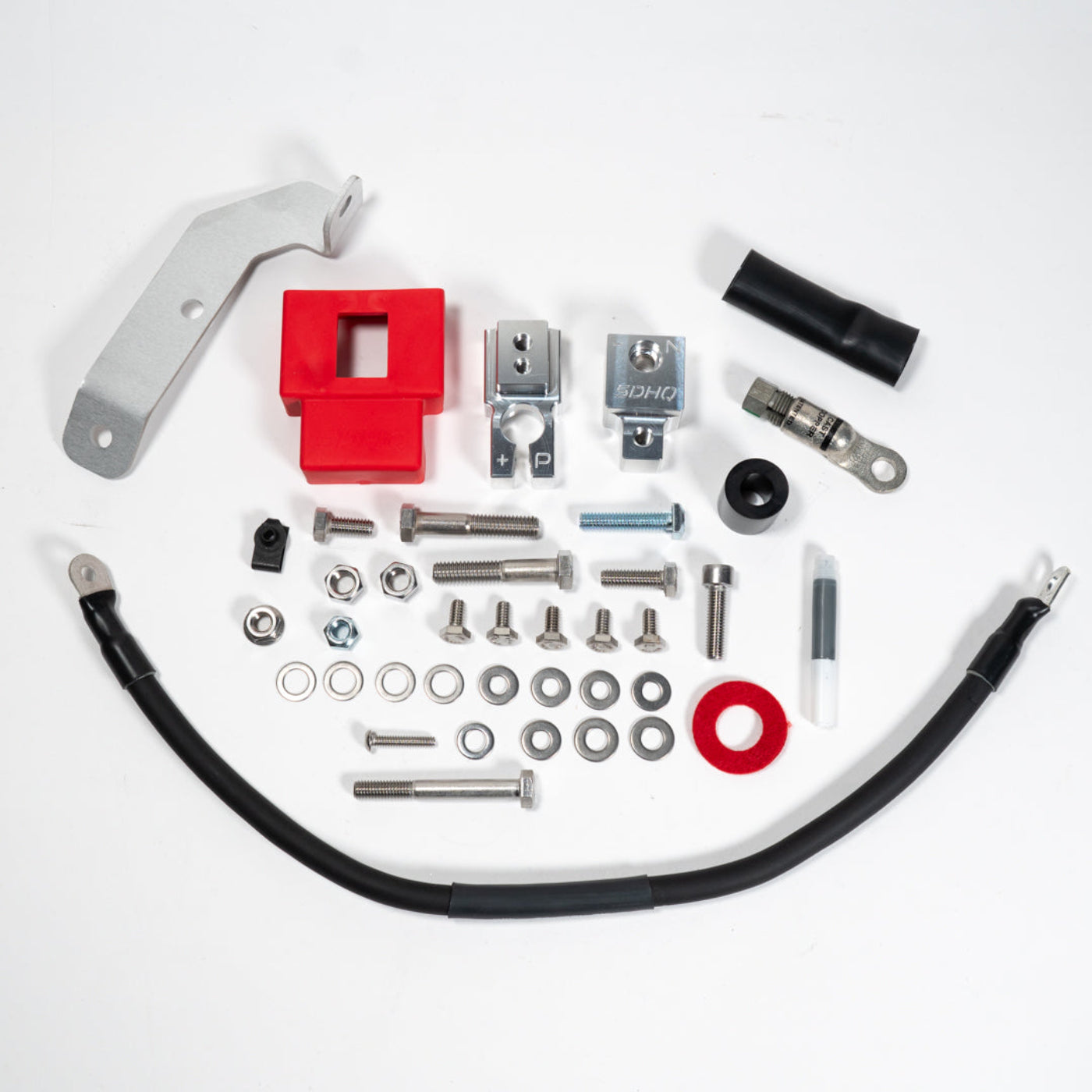 2015-2025 Ford F150/Raptor Complete Billet Battery Terminal Kit display of included parts and hardware