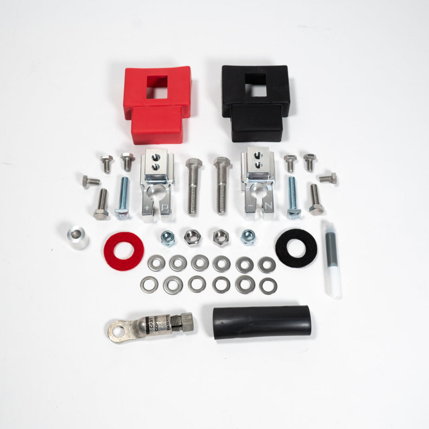 2015-2025 Ford F150/Raptor Complete Billet Battery Terminal Kit display of included parts and hardware 