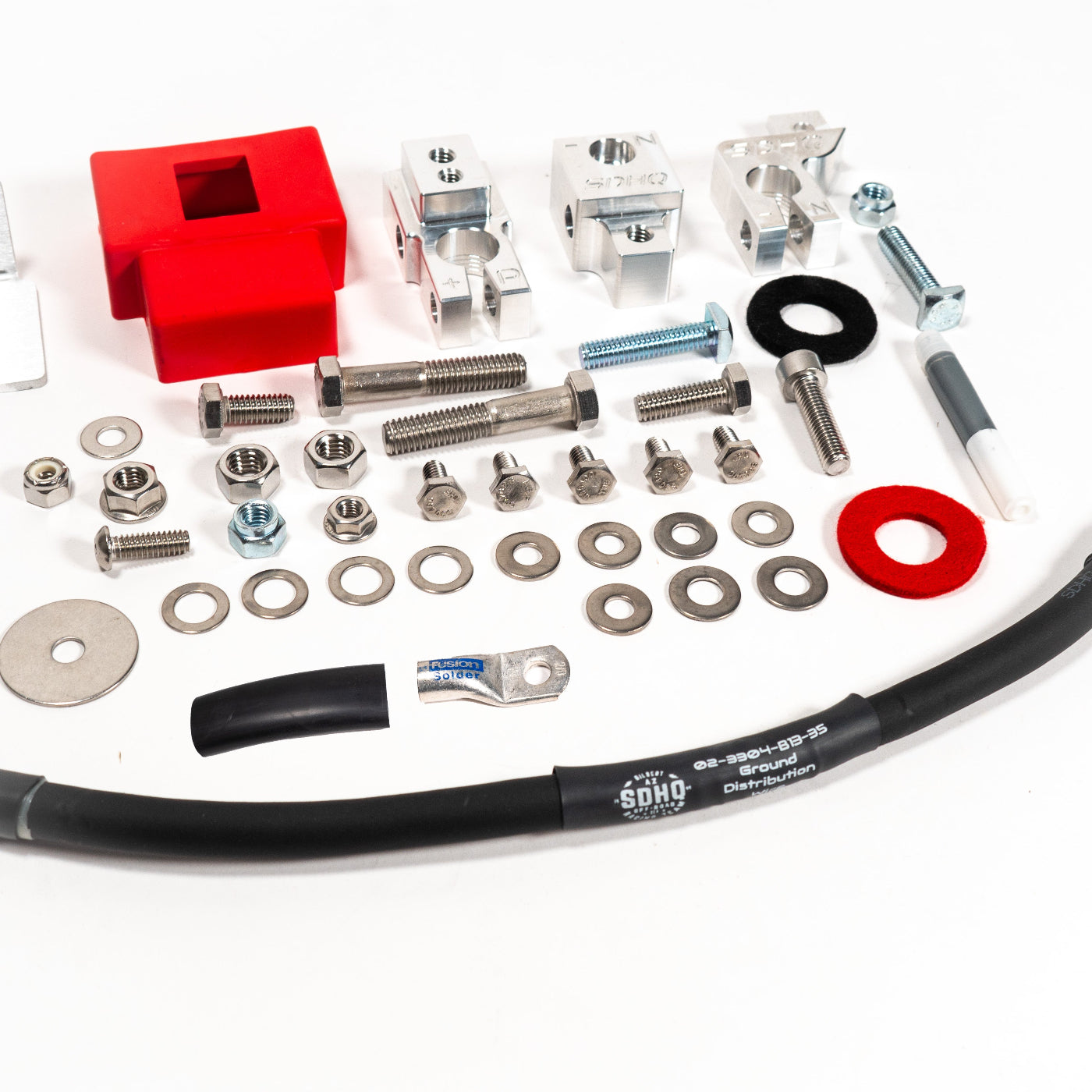 2023-2025 Ford F250/F350 Billet Single Battery Terminal Upgrade Kit display of included parts and hardware 