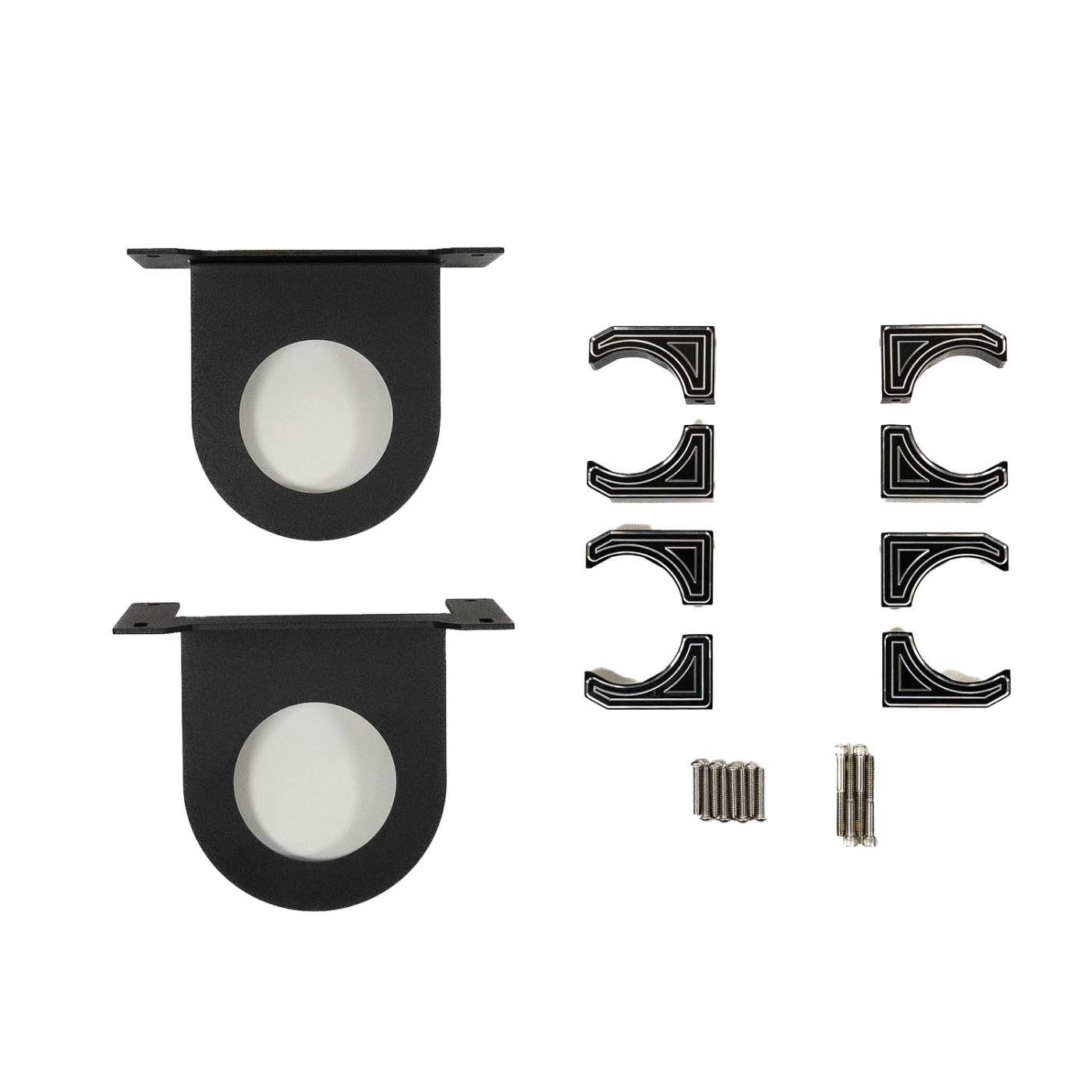 SDHQ Built 2023-2025 Ford Super Duty Front Billet Reservoir Mounts Display of included parts and hardware 