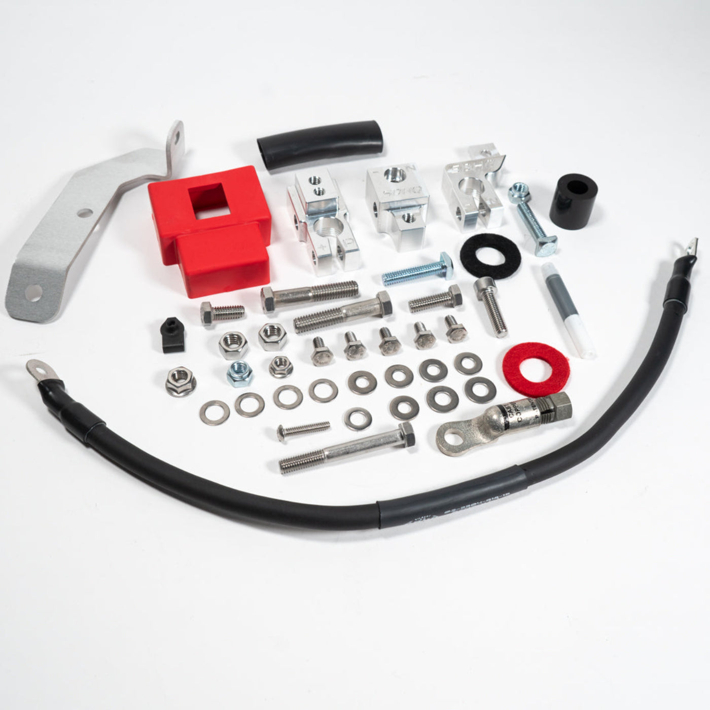 2015-2025 Ford F150/Raptor Complete Billet Battery Terminal Kit display of included parts and hardware 