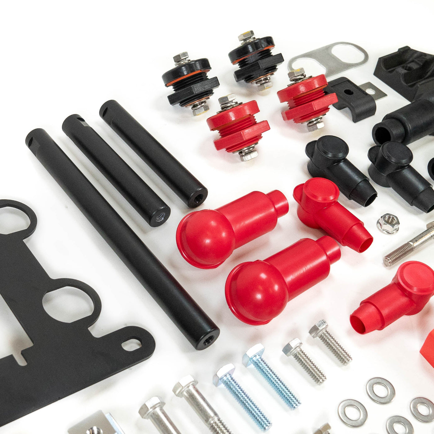 '24+ LC250 SDHQ Built Under Hood Power Solution Kit display of included parts and hardware - close-up