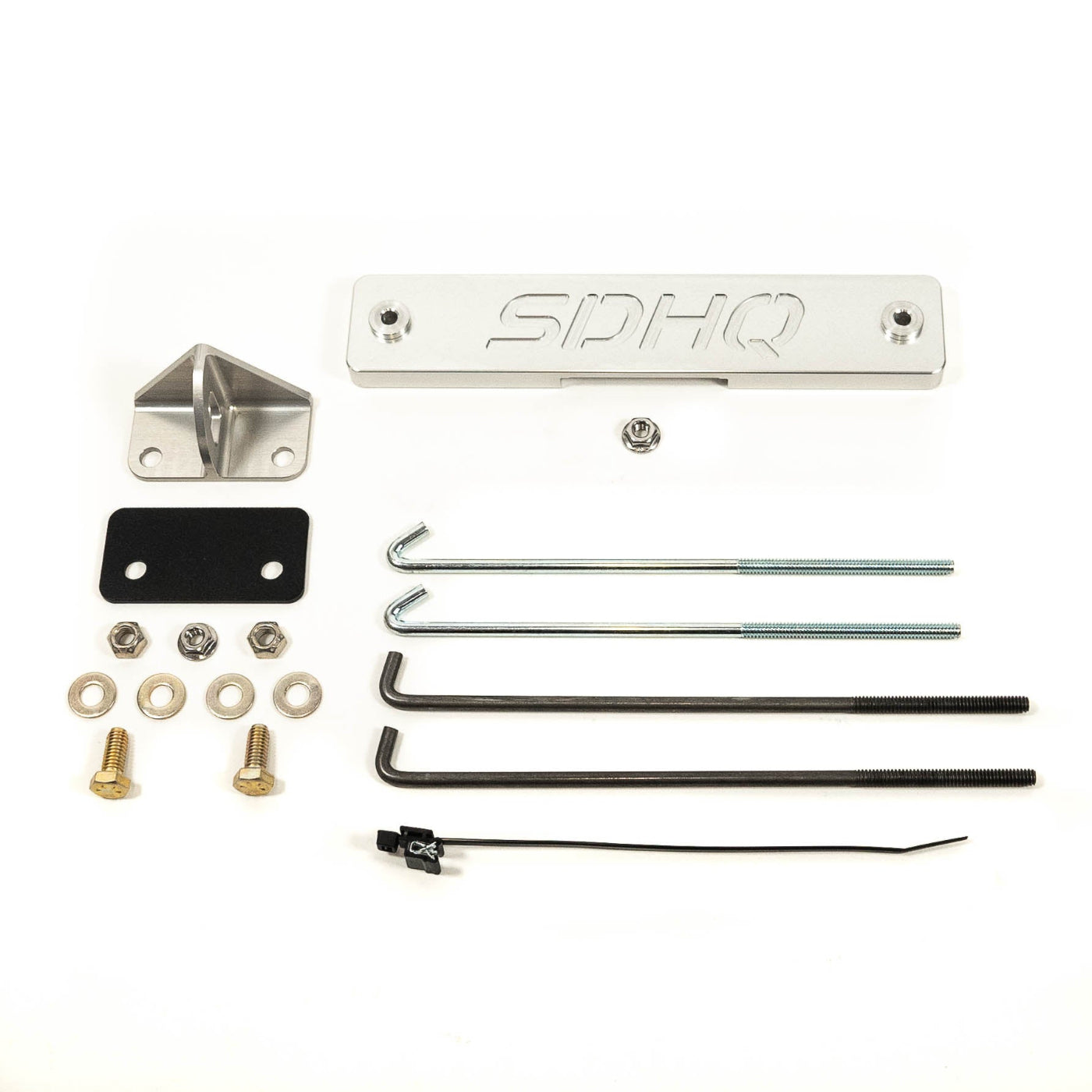 '08-21 Lexus LX570 SDHQ Built Billet Battery Hold Down Kit display of included parts and hardware 
