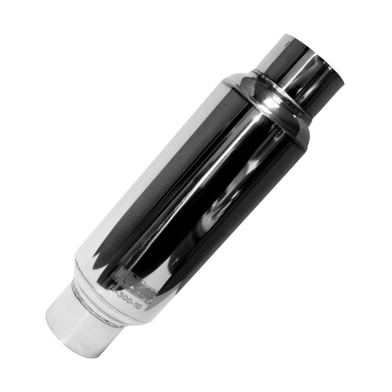 3” Round Muffler 10” Long Body. Polished Stainless Steel. Front View