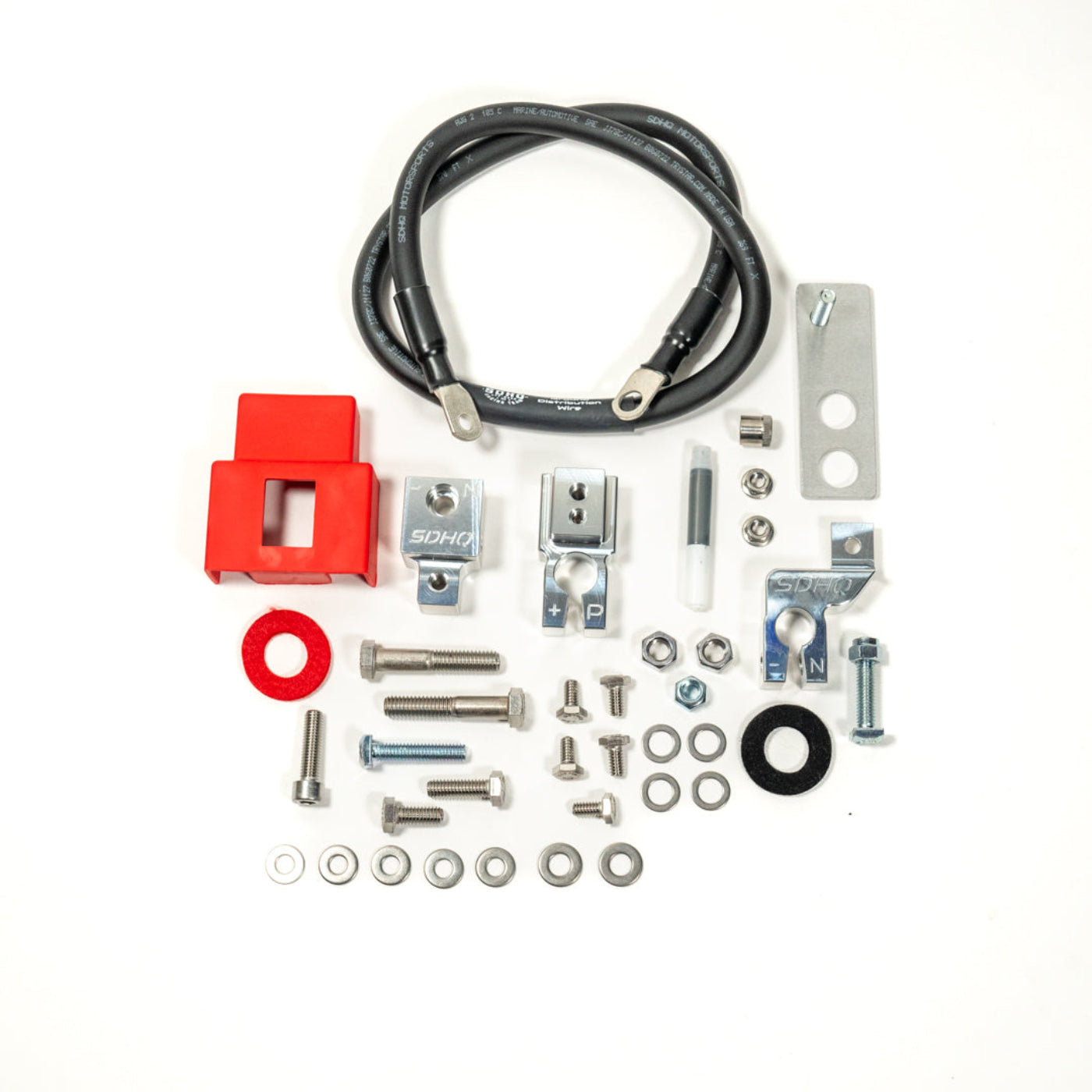 '21-24 Ram 1500 TRX SDHQ Built Billet Battery Terminal Kit display of included parts and hardware 