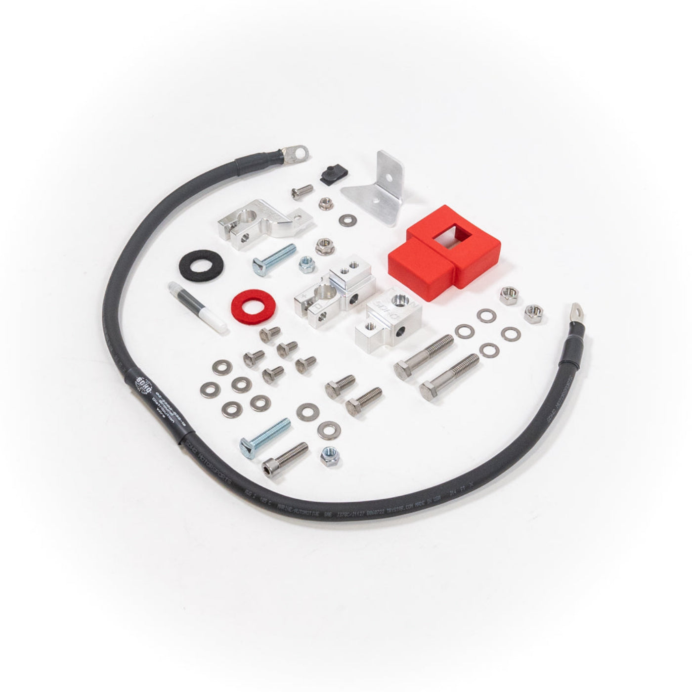 '24 Ford Ranger/Ranger Raptor Billet Battery Terminal Upgrade Kit display of included parts and hardware 