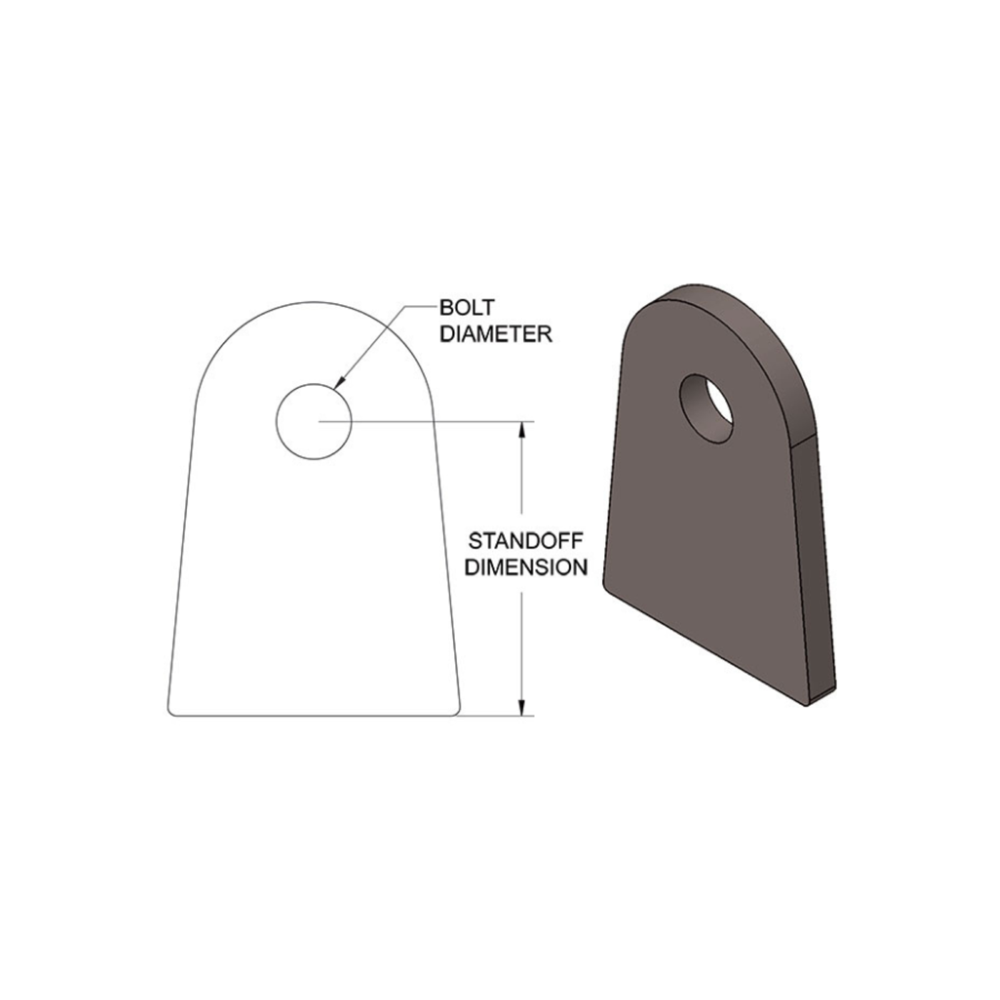 SDHQ Built Flat Tabs | 1/4" Thick, 5/8" Bolt Hole, 1-3/4" to 3" Standoffs diagram