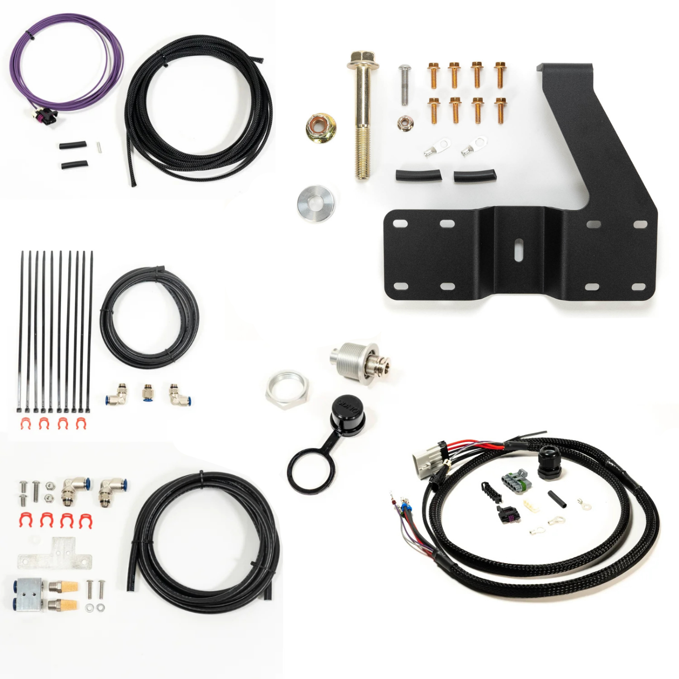SDHQ Built '24 Tacoma Air Compressor Mount Kit display of included parts and hardware 