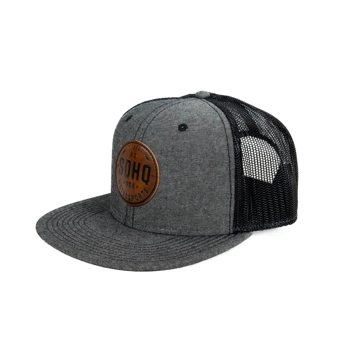 SDHQ Motorsports Flat Bill Trucker Hat | Charcoal Grey with Embossed Leather Patch