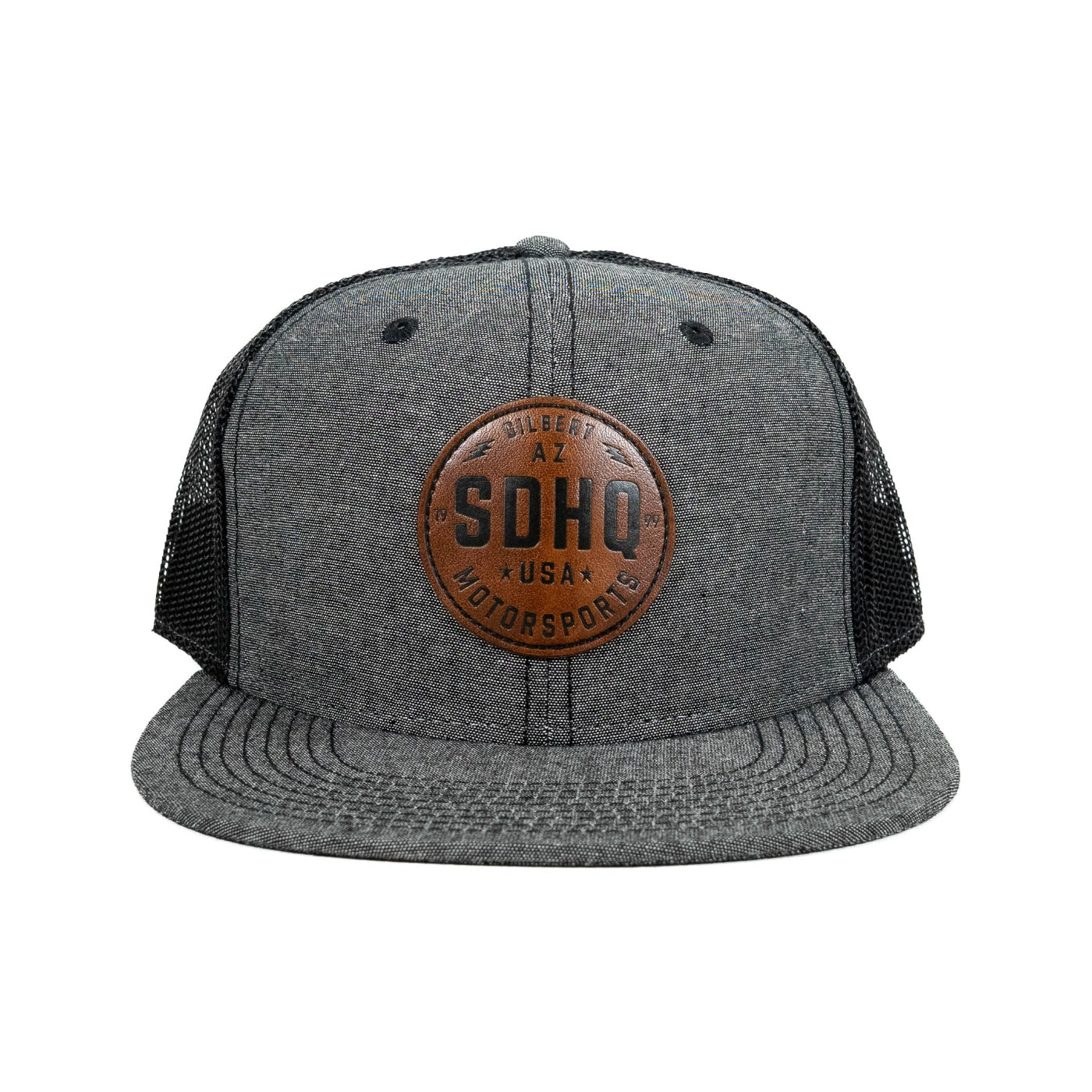 SDHQ Motorsports Flat Bill Trucker Hat | Charcoal Grey with Embossed Leather Patch