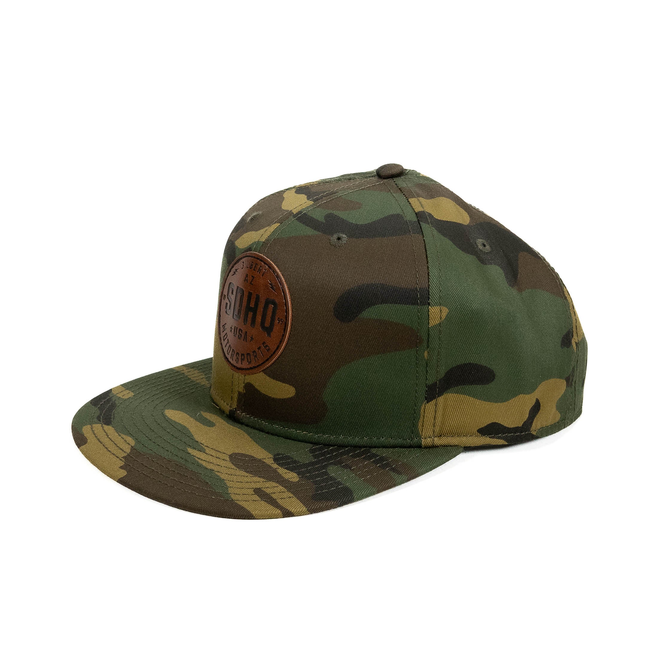 SDHQ Motorsports Camo Leather Patch Snapback Hat