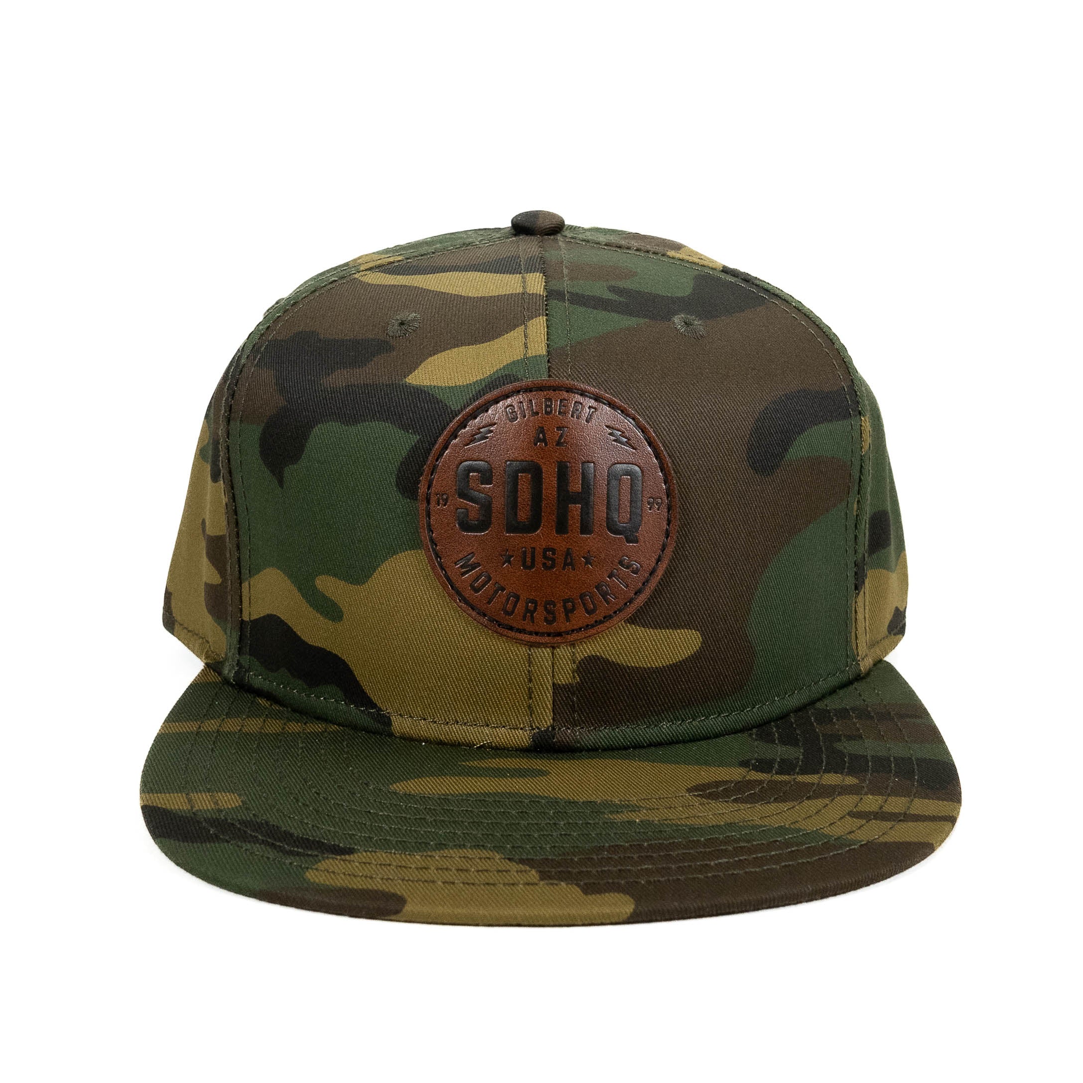SDHQ Motorsports Camo Leather Patch Snapback Hat