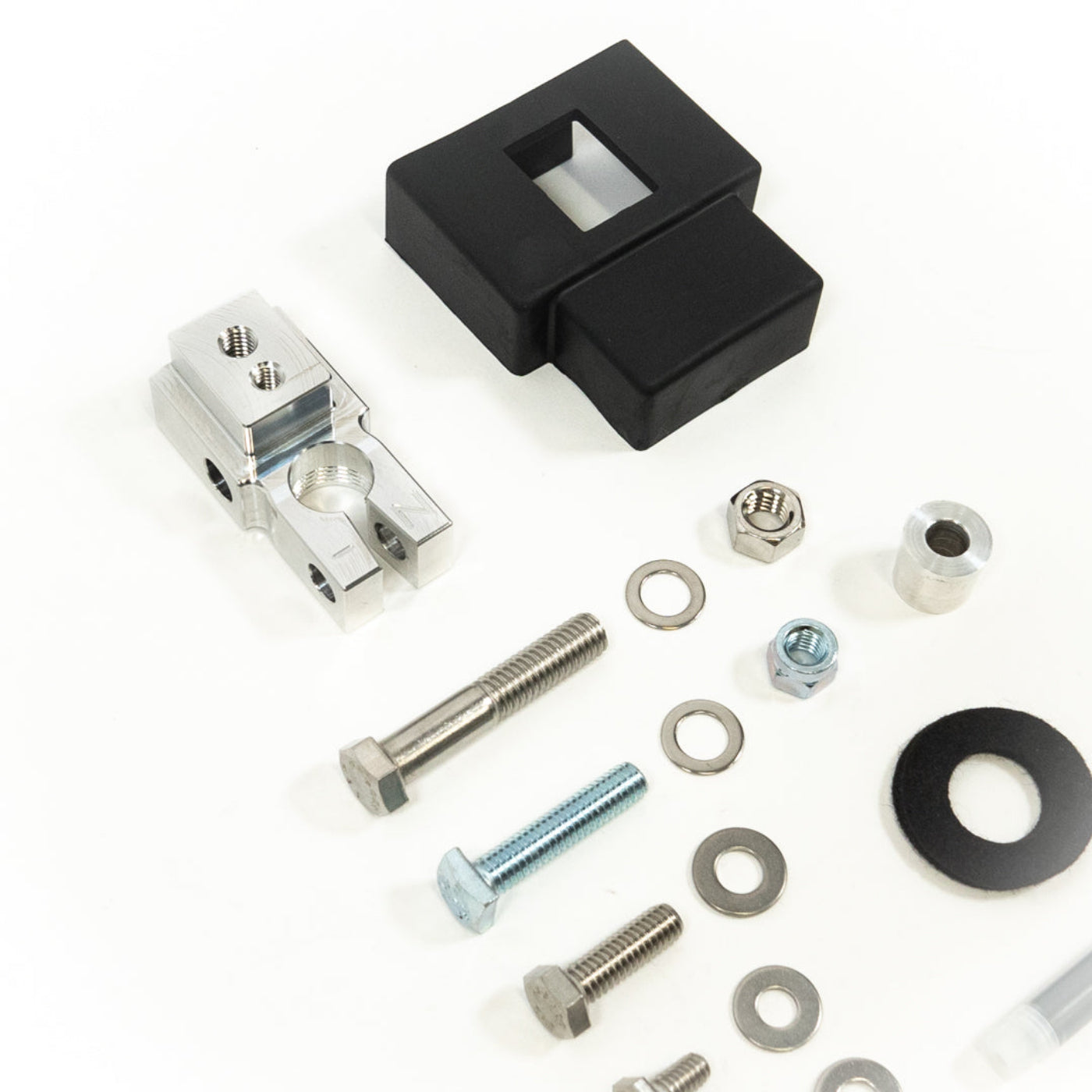 SDHQ Built Single Negative Billet Battery Terminal Kit display of included parts and hardware 