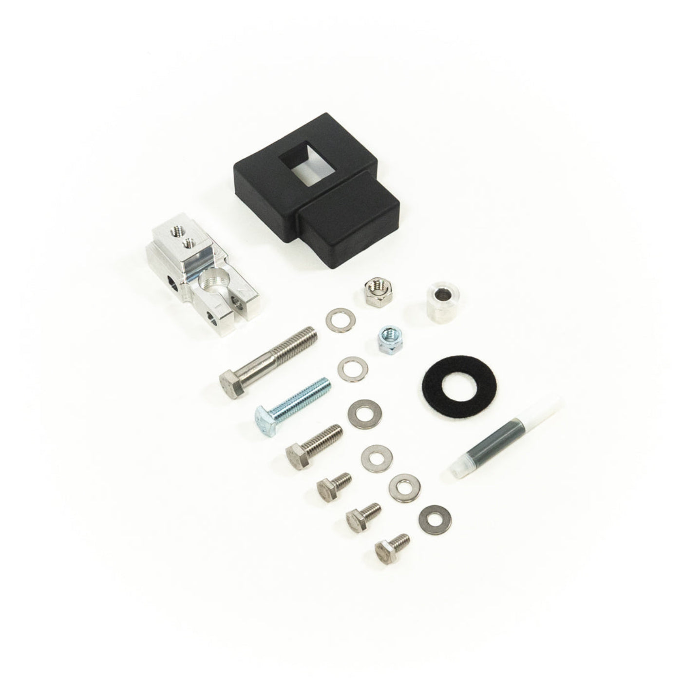 SDHQ Built Single Negative Billet Battery Terminal Kit display of included parts and hardware 