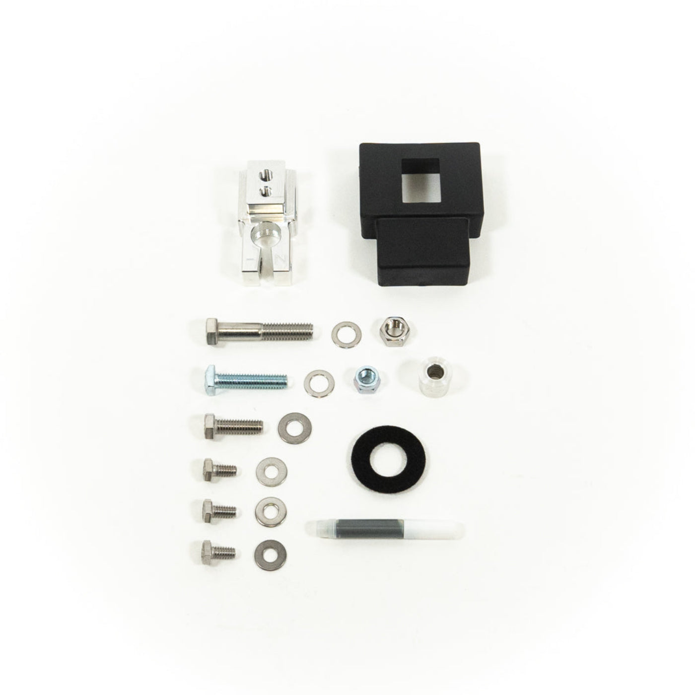SDHQ Built Single Negative Billet Battery Terminal Kit display of included parts and hardware 