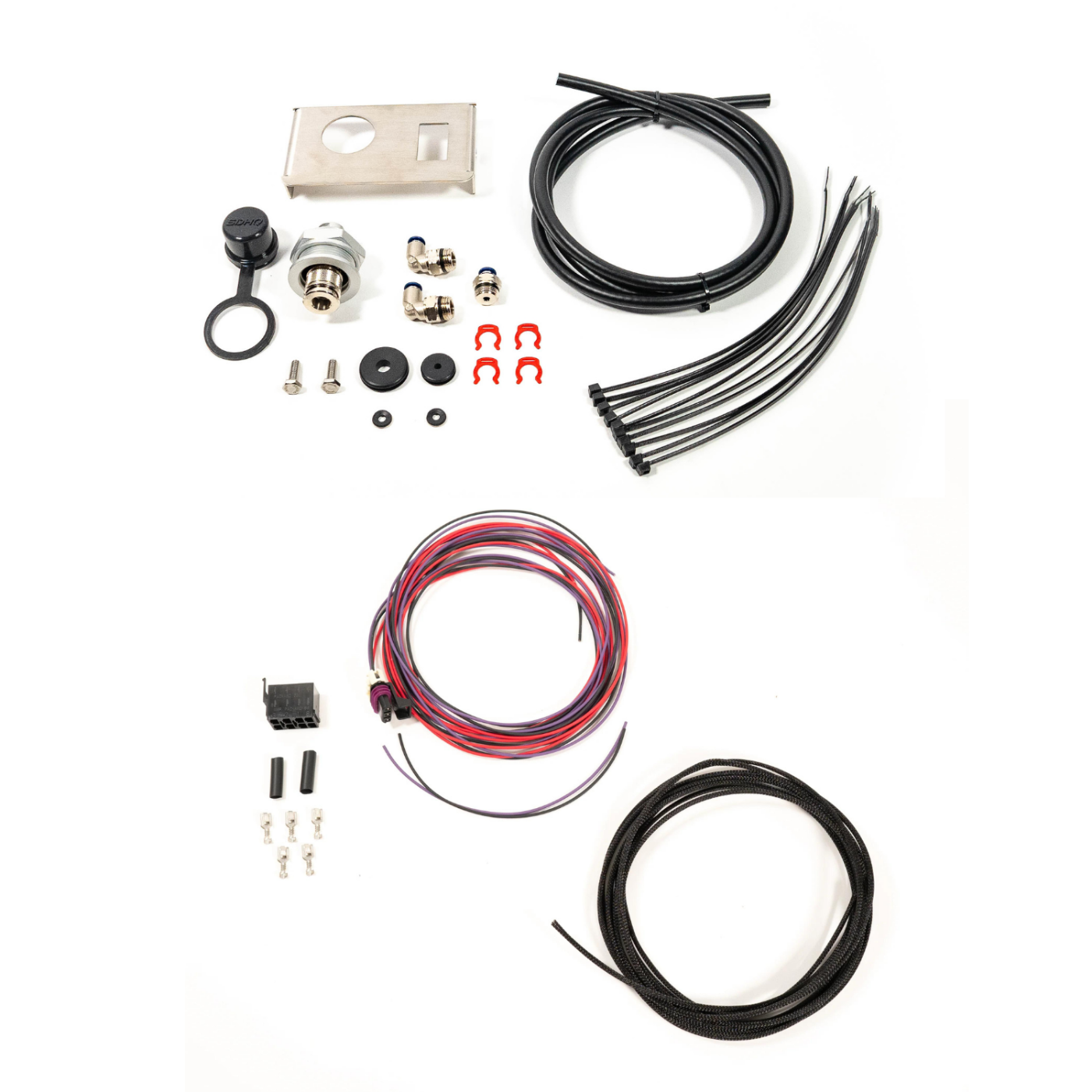 SDHQ Built '24 Tacoma Bed Power Port Air Chuck and Switch Mount Kit display of included parts and hardware 