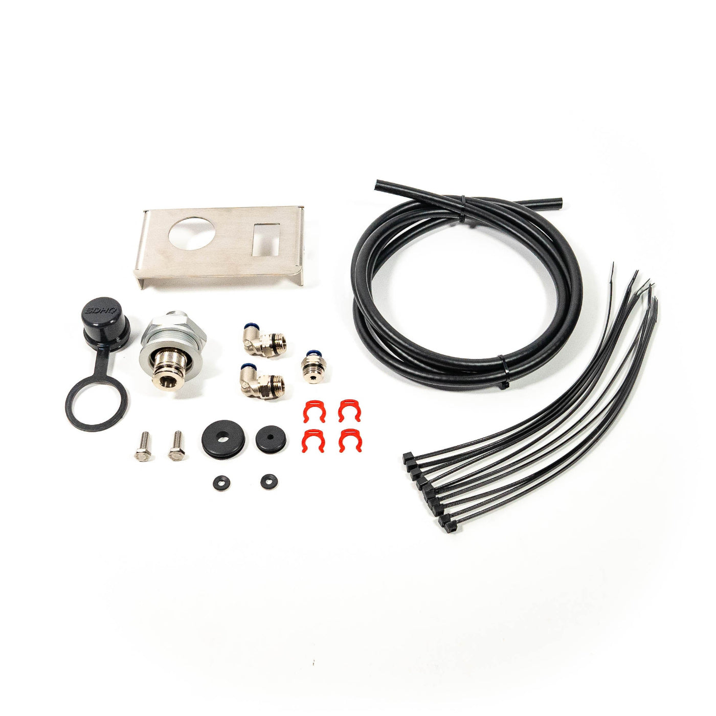 SDHQ Built '24 Tacoma Bed Power Port Air Chuck and Switch Mount Kit display of included parts and hardware 