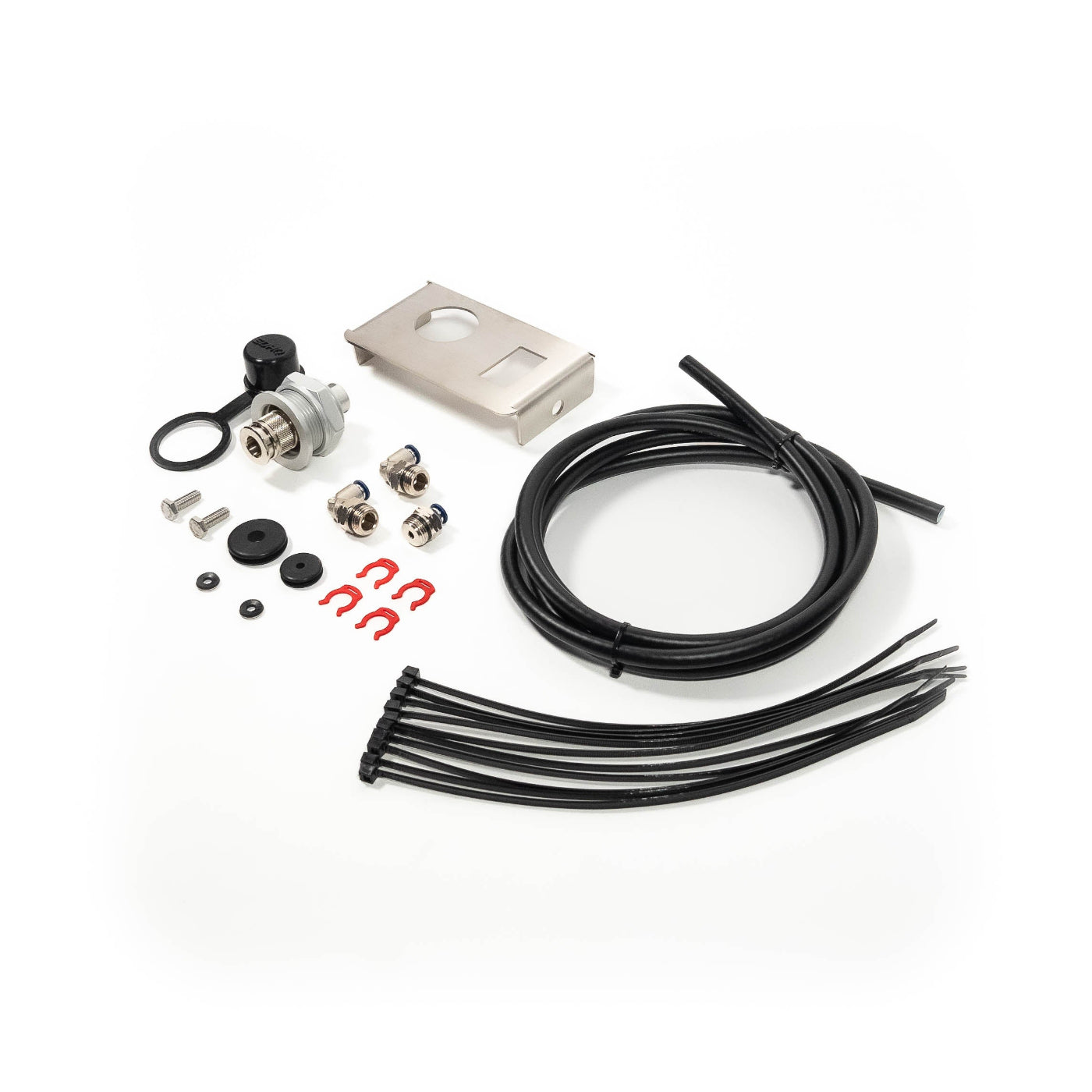 SDHQ Built '24 Tacoma Bed Power Port Air Chuck and Switch Mount Kit display of included parts and hardware 