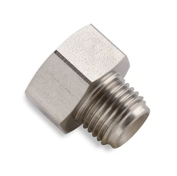 Earl's Hardline Adapter Reducer - Stainless Steel - 1/2"-20 Inverted Flare Male to 9/16"-18 Inverted Flare Female for 3/16" Tubing Front View Silver