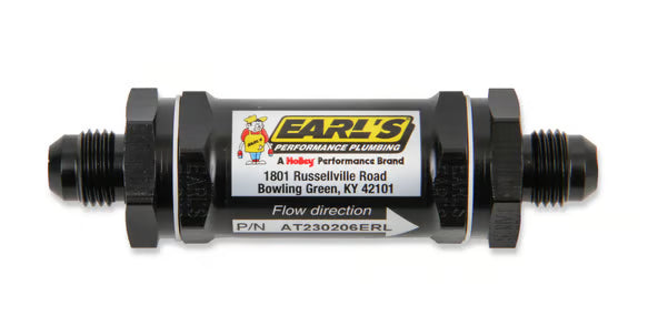 Earl's Fuel Filter w/ Screen Type Element - 85 Micron - 6 AN Male Inlet & Outlet Front View Black