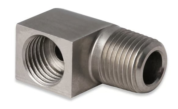 Earl's Hardline Adapter - 90 Degree Stainless Steel - 1/8" NPT Male to 3/8"-24 Inverted Flare Female. Front View Silver