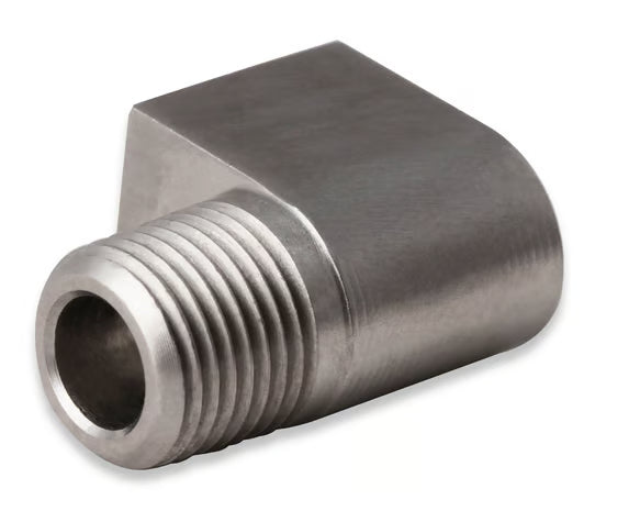 Earl's Hardline Adapter - 90 Degree Stainless Steel - 1/8" NPT Male to 3/8"-24 Inverted Flare Female. Front View Silver