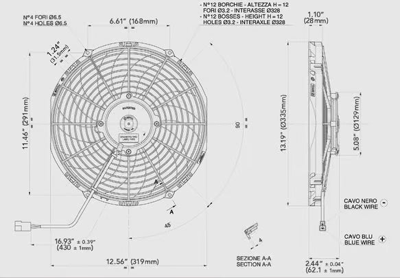 SPAL® 12.00" Inch Electric Fan Puller Style Medium Profile 1328 CFM 10 Curved Style blades Front View