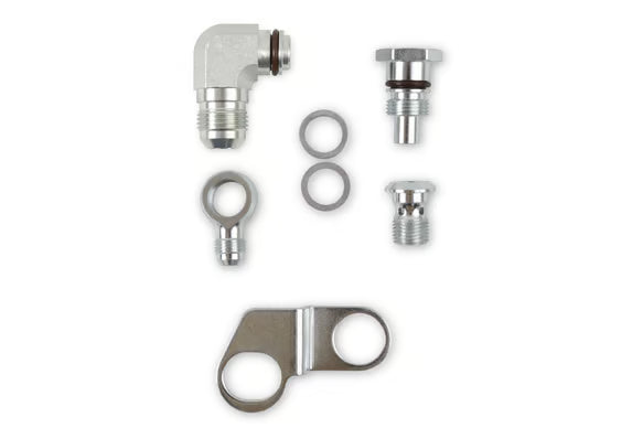 Earl's Remote Reservoir Adapter Kit for Saginaw Type II Power Steering Pumps Includes -10 AN Reservoir Fitting, Flow Valve, Retaining Bracket, -6 AN Banjo Pressure Fitting, and Banjo Bolt with Crush Washers Front View Silver