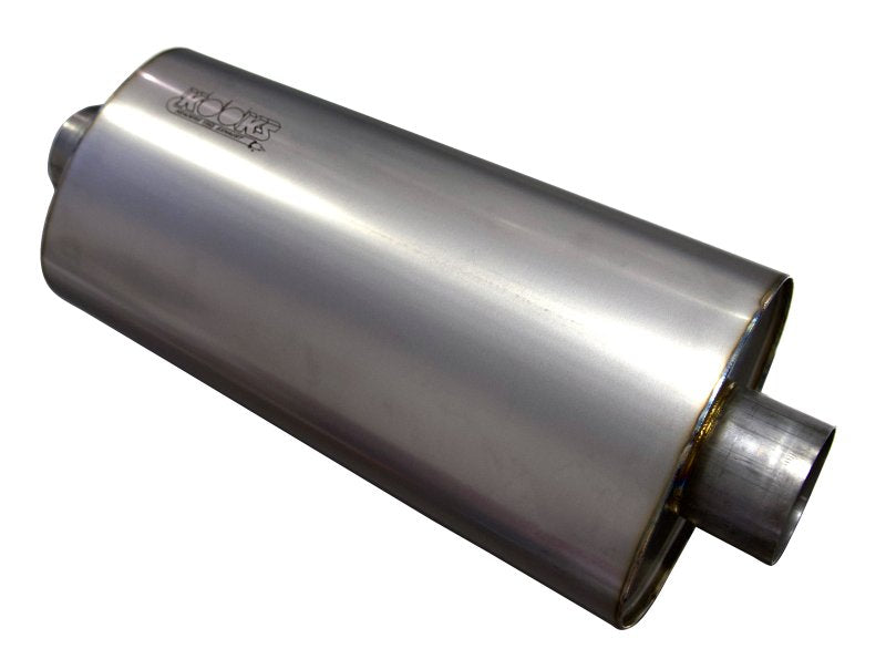 3" Oval Center/Center Muffler 18" Long Body. Polished Stainless Steel. Front View