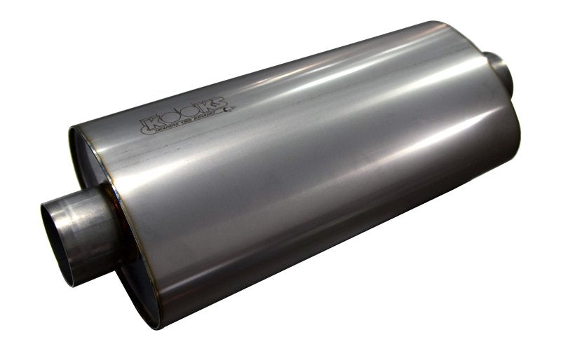 3" Oval Center/Center Muffler 18" Long Body. Polished Stainless Steel. Front View