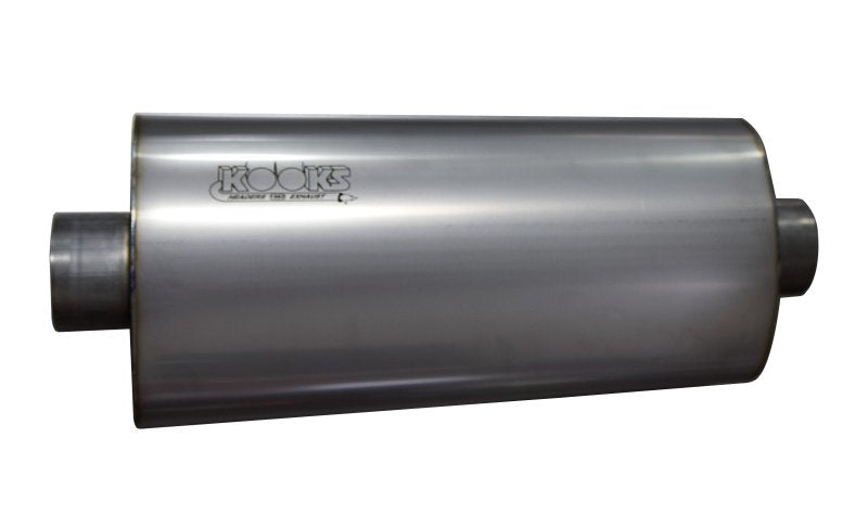 3" Oval Center/Center Muffler 18" Long Body. Polished Stainless Steel. Front View