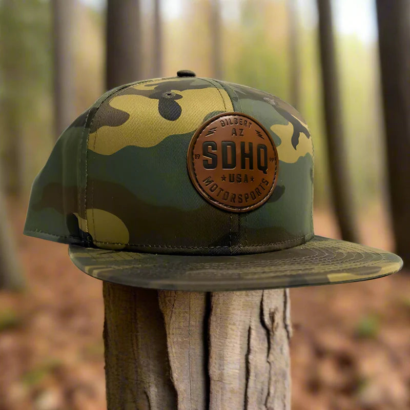 SDHQ Motorsports Camo Leather Patch Snapback Hat