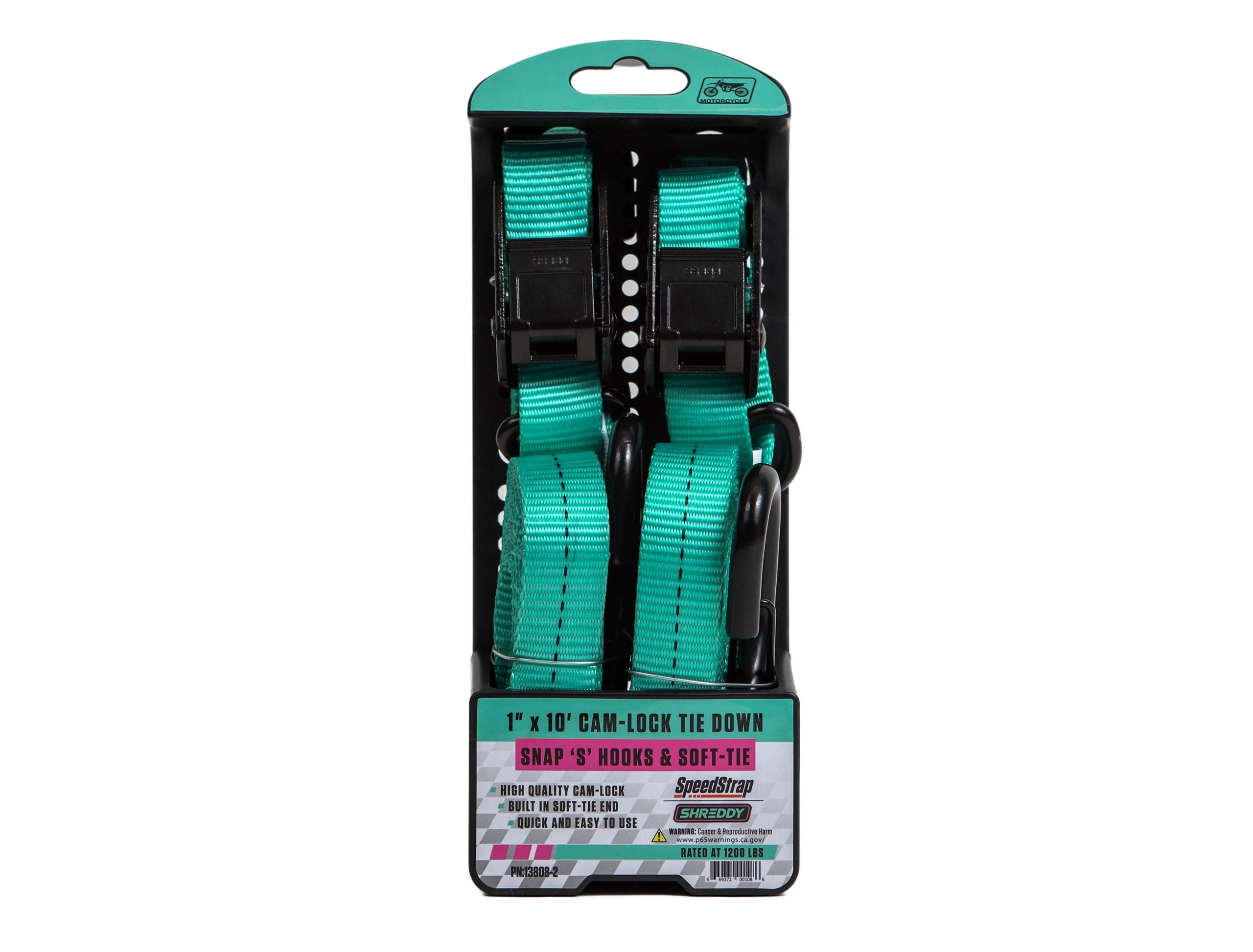 Shreddy 1" x 10' Cam-Lock Tie Down w/ Snap S-Hooks & Soft-Tie (2 Pack) Teal SpeedStrap package