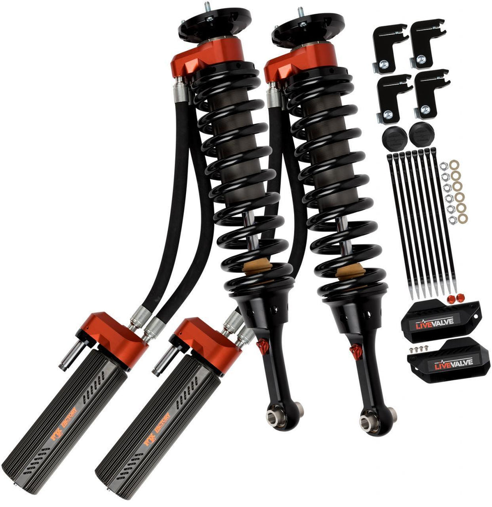 '19-20 Ford Raptor Fox Factory Race Series 3.0 Live Valve Internal Bypass Coilovers & PB Rear Shock Package Display of Included Parts 