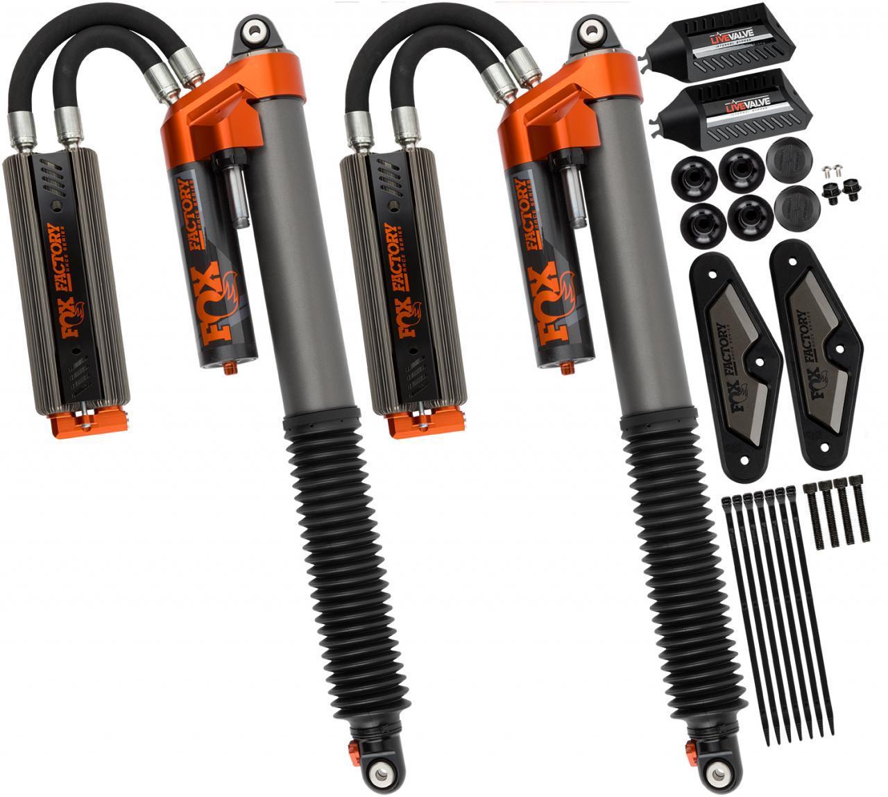 '19-20 Ford Raptor Fox Factory Race Series 3.0 Live Valve Internal Bypass Coilovers & PB Rear Shock Package Display of Included Parts 